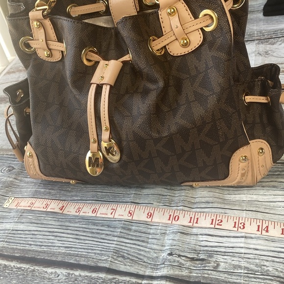 Michael Kors Brown Logo Canvas Satchel Tote with Leather Trim gold-tone hardware - Picture 12 of 16